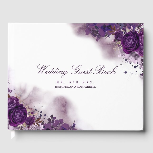 Eggplant Purple Floral Wedding Guest Book (Front)
