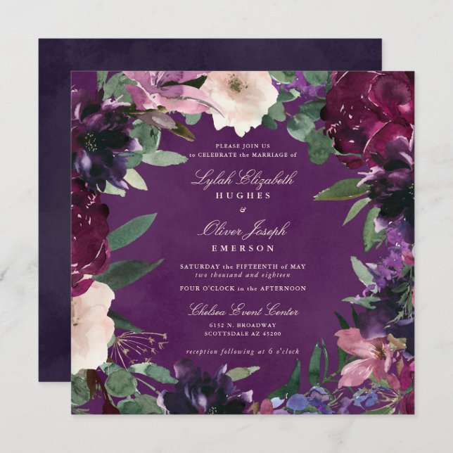Eggplant Purple Floral Wedding Invitation (Front/Back)