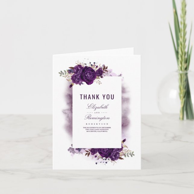 Eggplant Purple Floral Wedding Thank You (Front)