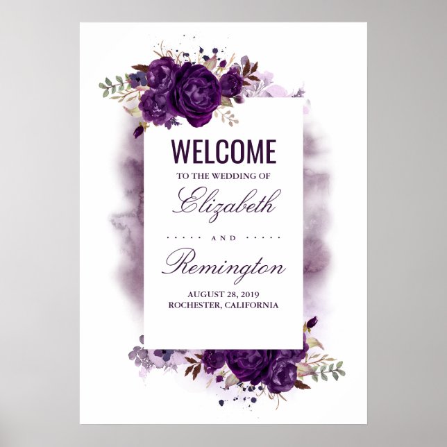 Eggplant Purple Floral Wedding Welcome Sign (Front)