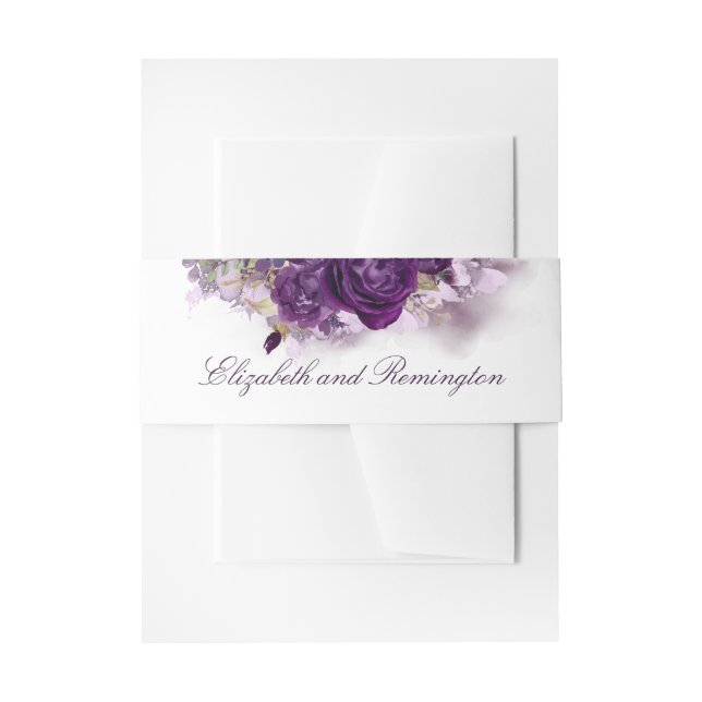 Eggplant Purple Flowers Elegant Wedding Invitation Belly Band (Front Example)