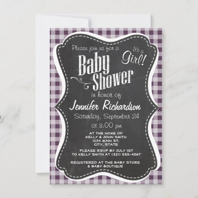 Eggplant Purple Gingham; Chalkboard look Invitation (Front)