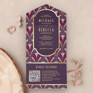 Eggplant Purple Gold Art Deco QR Code Wedding All In One Invitation