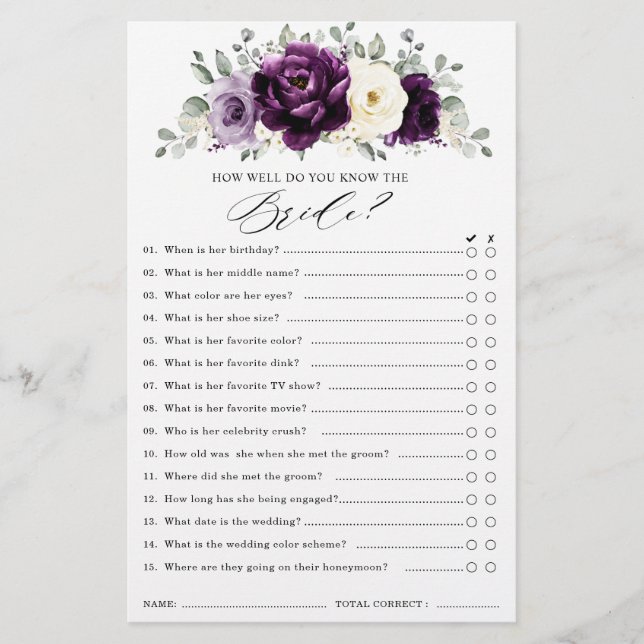 Eggplant Purple Plum Ivory Bridal Shower Game (Front)