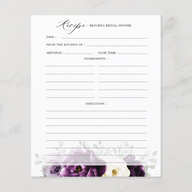 Eggplant Purple Plum Ivory Bridal Shower Recipe (Front)