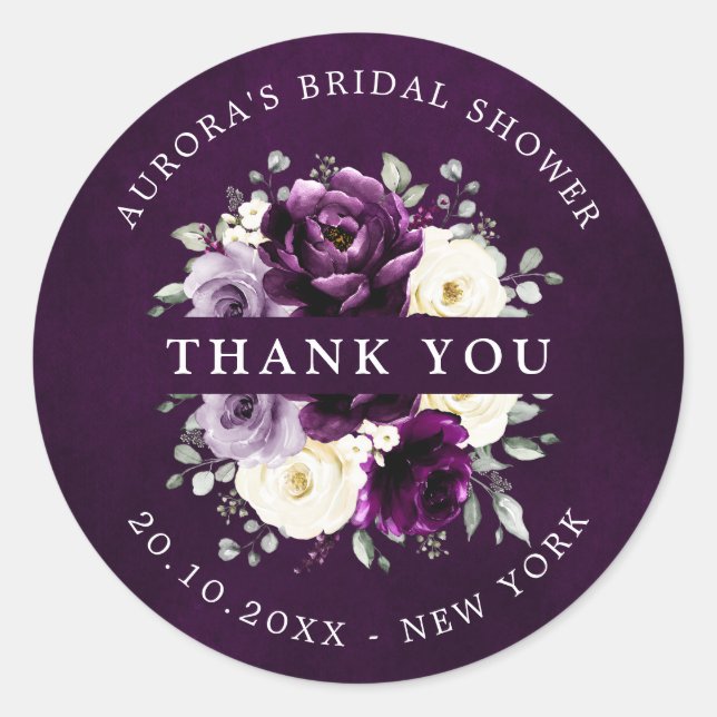 Eggplant Purple Plum Ivory Bridal Shower Thank you Classic Round Sticker (Front)