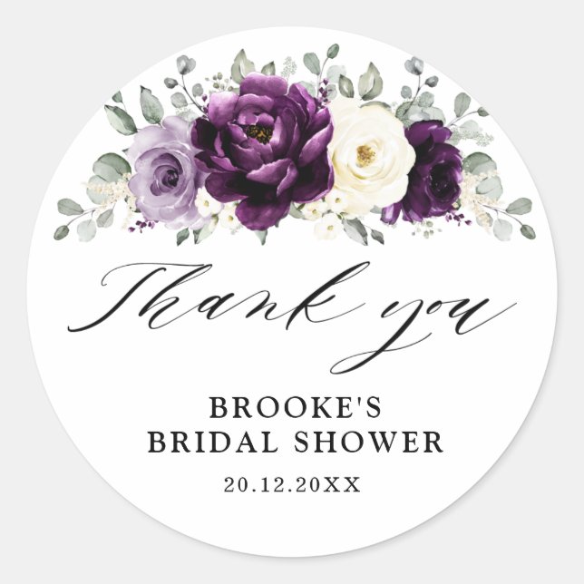 Eggplant Purple Plum Ivory Bridal Shower Thank you Classic Round Sticker (Front)