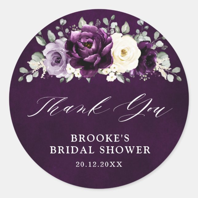 Eggplant Purple Plum Ivory Bridal Shower Thank you Classic Round Sticker (Front)
