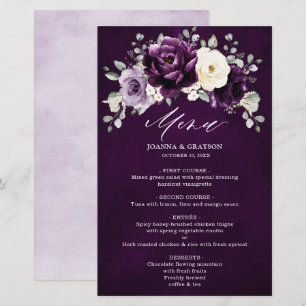 Eggplant Purple Plum Ivory Floral Wedding Menu