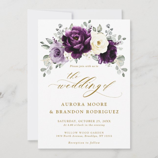 Eggplant Purple Plum Ivory Gold  Floral Wedding    Invitation (Front)