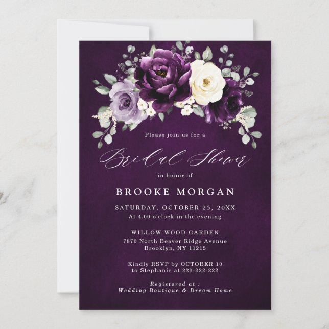 Eggplant Purple Plum Ivory White  Bridal Shower In Invitation (Front)