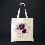 Eggplant Purple Plum Ivory White Bridesmaid Gift T Tote Bag<br><div class="desc">Elegant floral midsummer bridesmaids gift tote bag features a bouquet of watercolor roses peonies in shades of purple plum, champagne ivory floral and sage , lush green botanical eucalyptus leaves. Please find more matching designs and variations from my "blissweddingpaperie" store. And feel free to contact me for further customisation or...</div>