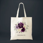 Eggplant Purple Plum Ivory White Bridesmaid Gift T Tote Bag<br><div class="desc">Elegant floral midsummer bridesmaids gift tote bag features a bouquet of watercolor roses peonies in shades of purple plum, champagne ivory floral and sage , lush green botanical eucalyptus leaves. Please find more matching designs and variations from my "blissweddingpaperie" store. And feel free to contact me for further customisation or...</div>