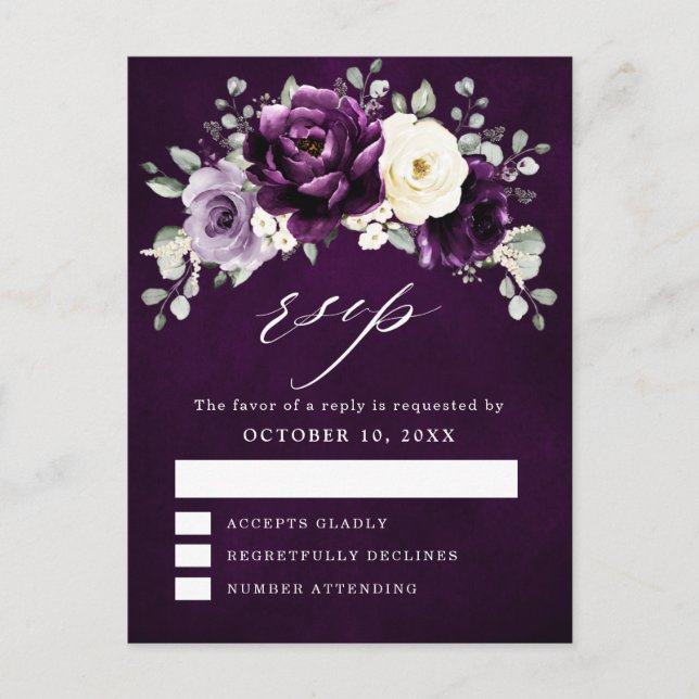 Eggplant Purple Plum Ivory White Floral RSVP Postc Postcard (Front)