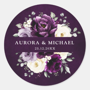 Eggplant Purple Plum Ivory White Floral Wedding Cl Classic Round Sticker