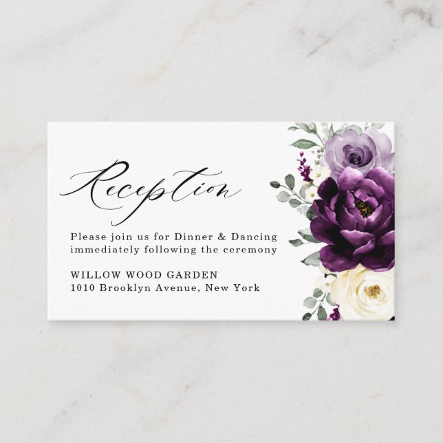 Eggplant Purple Plum Ivory White Floral Wedding Enclosure Card (Front)