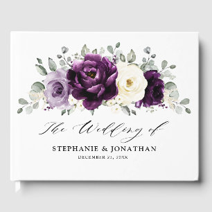 Eggplant Purple Plum Ivory White Floral Wedding Guest Book