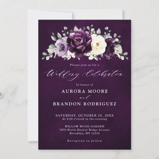 Eggplant Purple Plum Ivory White Floral Wedding In Invitation (Front)