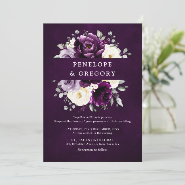Eggplant Purple Plum Ivory White Floral Wedding In Invitation (Standing Front)