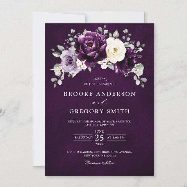 Eggplant Purple Plum Ivory White Floral Wedding In Invitation (Front)