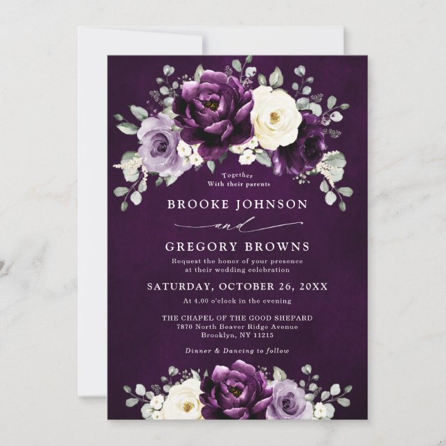 Eggplant Purple Plum Ivory White Floral Wedding In Invitation (Front)