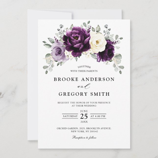 Eggplant Purple Plum Ivory White Floral Wedding Invitation (Front)
