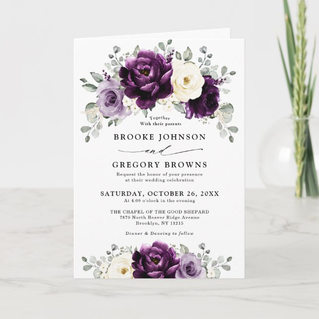 Eggplant Purple Plum Ivory White Floral Wedding    Invitation (Front)