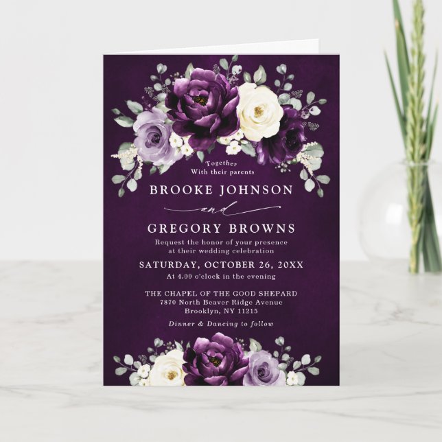 Eggplant Purple Plum Ivory White Floral Wedding    Invitation (Front)