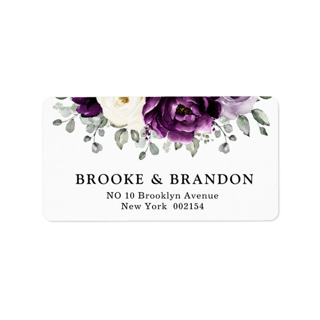 Eggplant Purple Plum Ivory White Floral Wedding Label (Front)