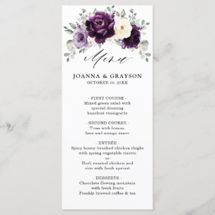 Eggplant Purple Plum Ivory White Floral Wedding Menu