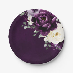 Eggplant Purple Plum Ivory White Floral Wedding Pa Paper Plate