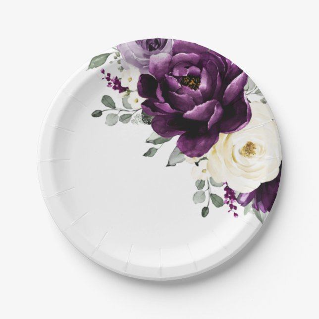 Eggplant Purple Plum Ivory White Floral Wedding Paper Plate (Front)