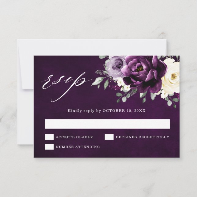 Eggplant Purple Plum Ivory White Floral Wedding RS RSVP Card (Front)