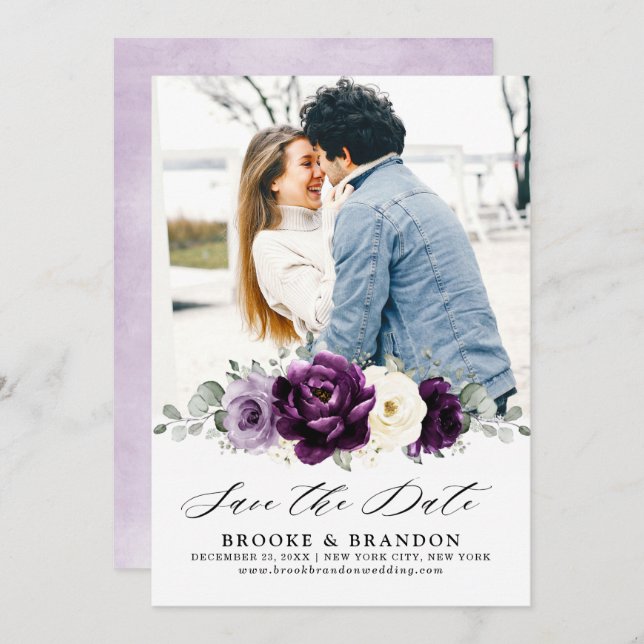 Eggplant Purple Plum Ivory White Floral Wedding Save The Date (Front/Back)
