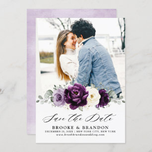Eggplant Purple Plum Ivory White Floral Wedding Save The Date