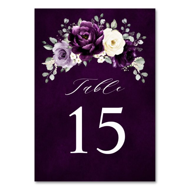 Eggplant Purple Plum Ivory White Floral Wedding Ta Table Number (Front)