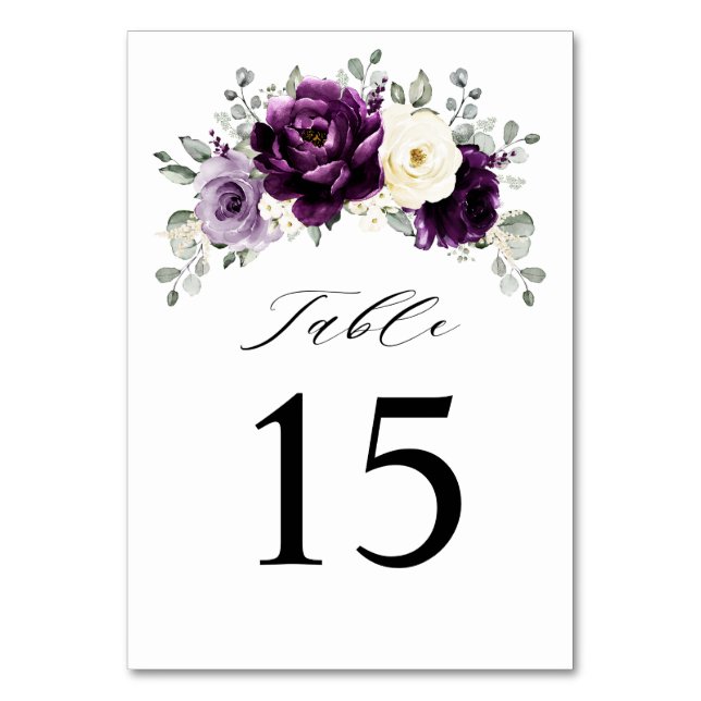 Eggplant Purple Plum Ivory White Floral Wedding Table Number (Front)