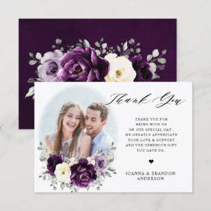 Eggplant Purple Plum Ivory White Floral Wedding Thank You Card