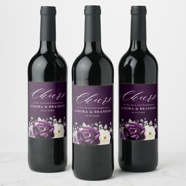 Eggplant Purple Plum Ivory White Floral Wedding Wi Wine Label (Bottles)