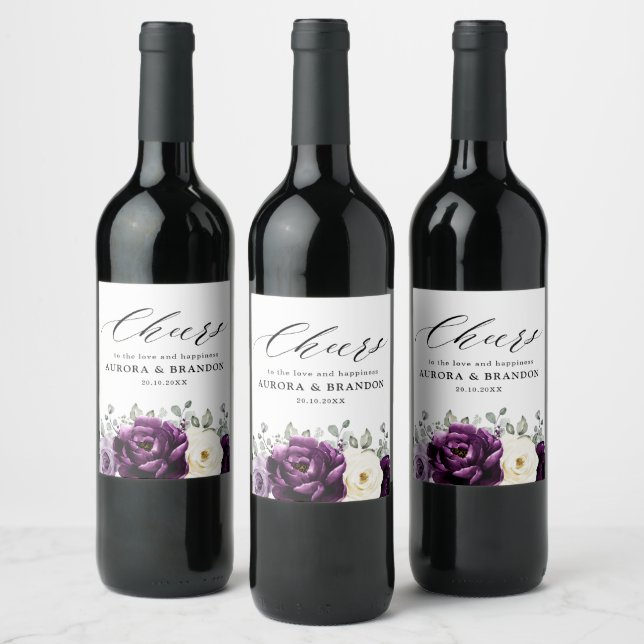 Eggplant Purple Plum Ivory White Floral Wedding Wine Label (Bottles)