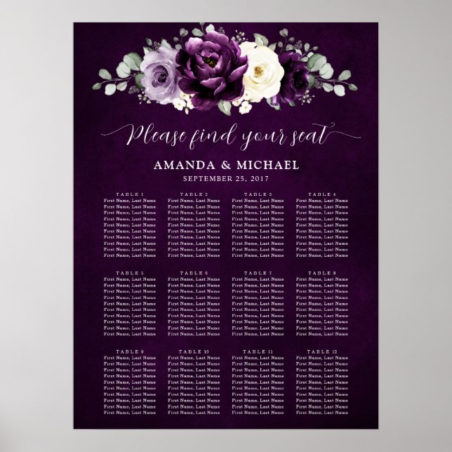 Eggplant Purple Plum Ivory White Seating Chart     (Front)