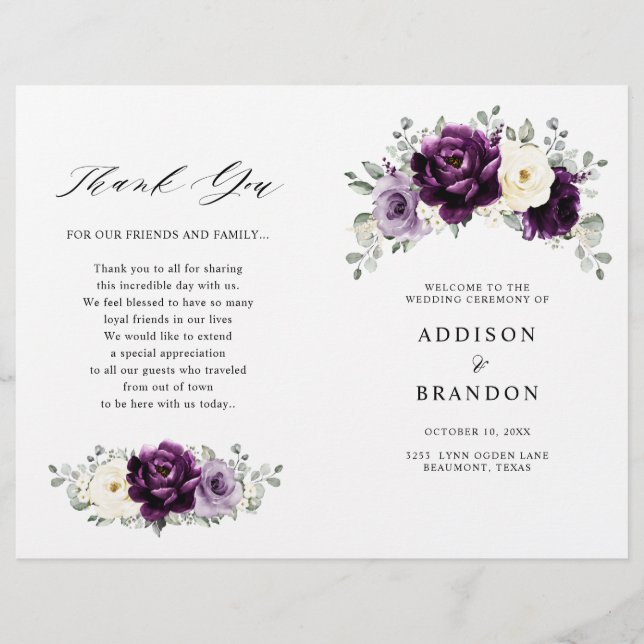 Eggplant Purple Plum Ivory White Wedding Program (Front)