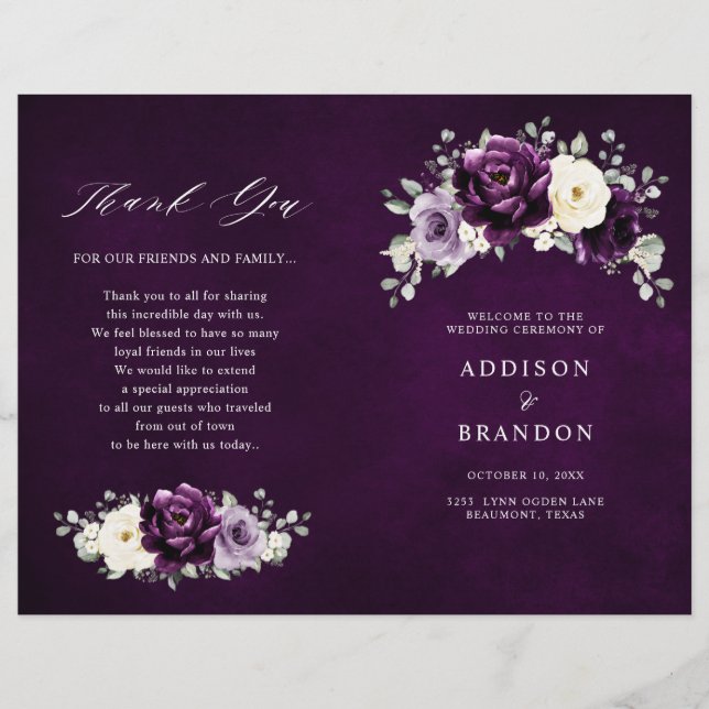 Eggplant Purple Plum Ivory White Wedding Program (Front)