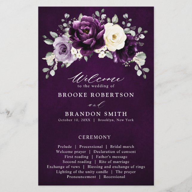 Eggplant Purple Plum Ivory White Wedding Program (Front)