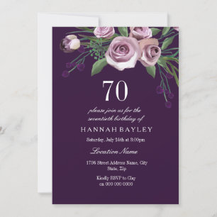 Eggplant Purple Plum Rose Womans 70th Birthday Invitation