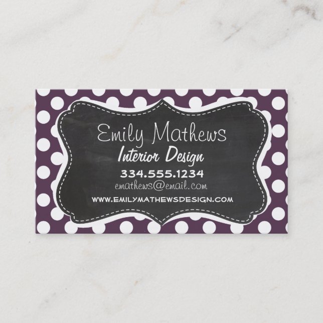 Eggplant Purple Polka Dots; Chalkboard Business Card (Front)