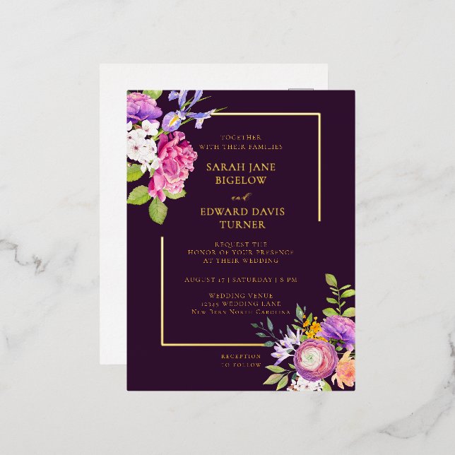 Eggplant Purple Ranunculus Floral Foil Invitation Postcard (Front/Back)