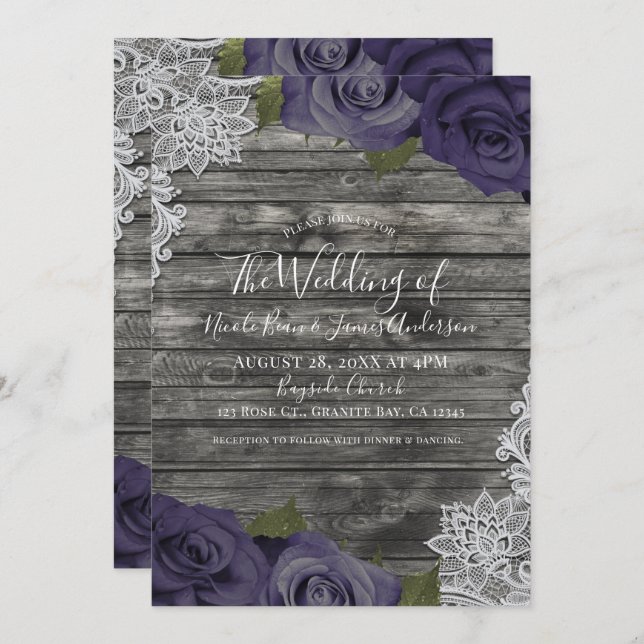 Eggplant Purple Roses Rustic White Lace Wedding Invitation (Front/Back)