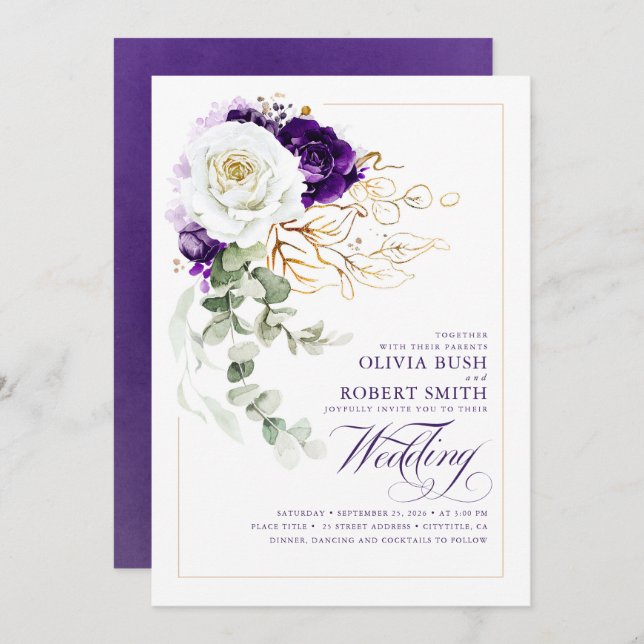 Eggplant Purple Royal Chic Boho Floral Wedding Invitation (Front/Back)