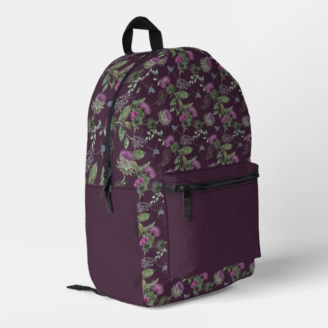 Eggplant Purple Scottish Thistle Printed Backpack (Back Corner Left)